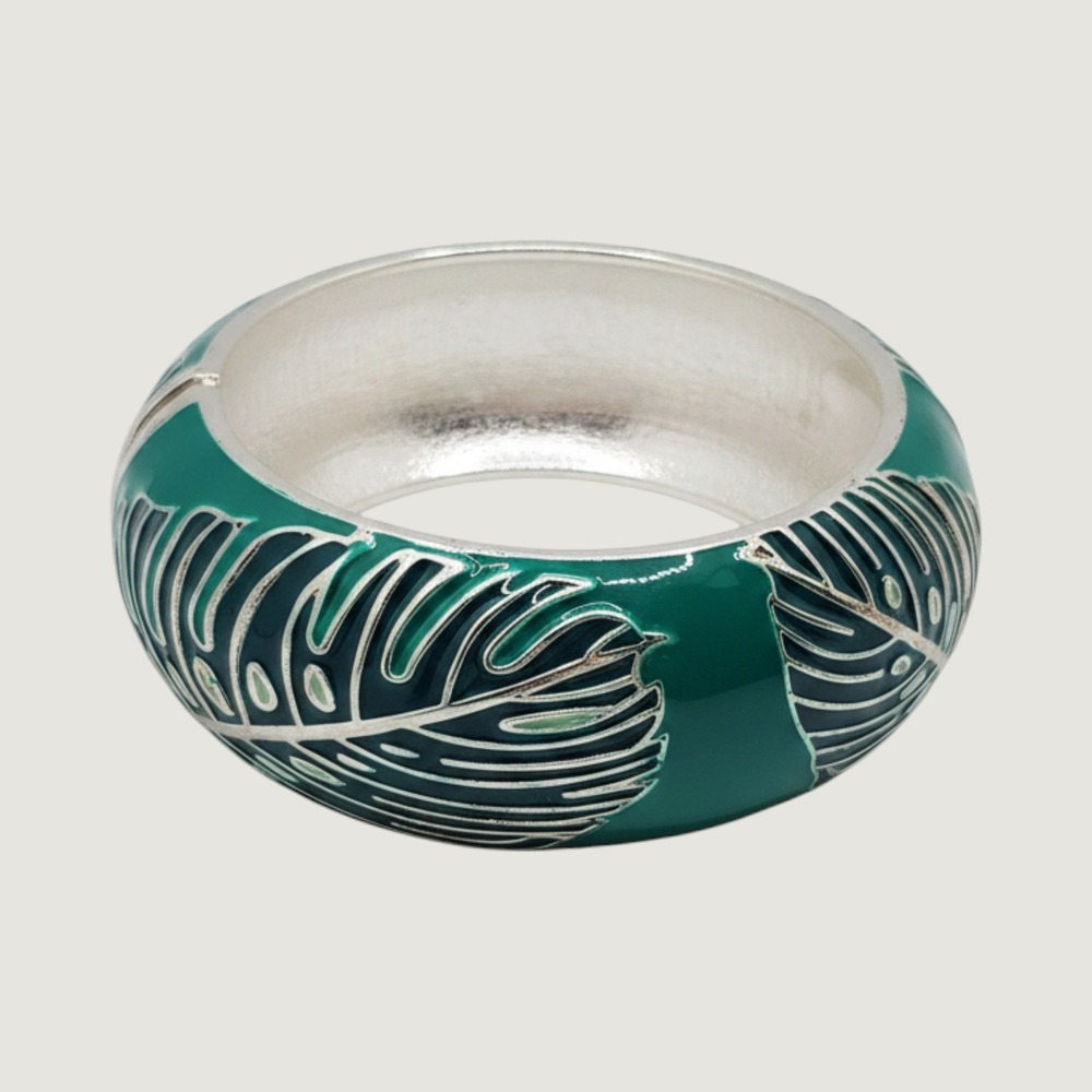 Boho Monstera Leaf Hinge Bangle Bracelet Teal Green Enamel Sequin New York